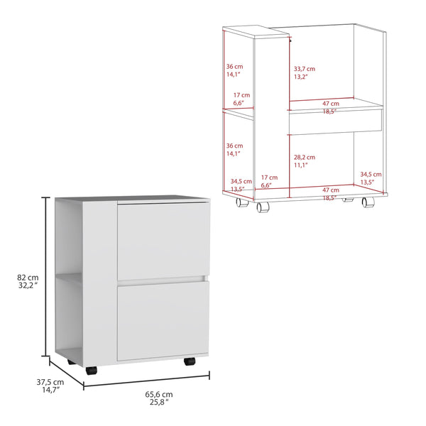 English Elm Glasgow Elegant White Bar Cart with Two Pull-Down Cabinets, Two Open Shelves, Swivel Wheels and Brake System B200P173174
