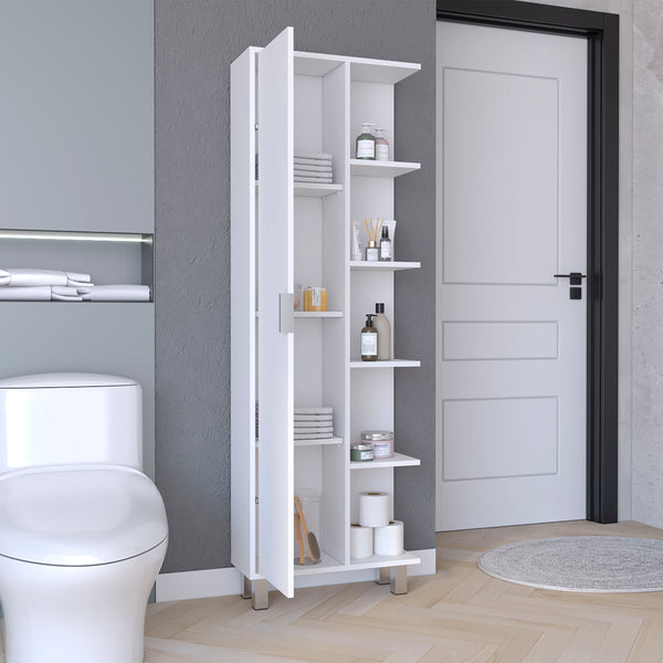 English Elm Crovie 63" White Linen Bathroom Storage Cabinet with Four Open Shelves, Tall Engineered Wood Unit B070P173170