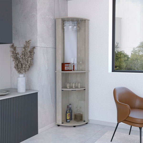 English Elm Chicago Corner Bar Cabinet with Glass Doors, Mirror Center, Wine Glass Rack & Two Open Shelves for Stylish Storage Grey 42.1 L x 24.8 W x 5.5 H B070P173191