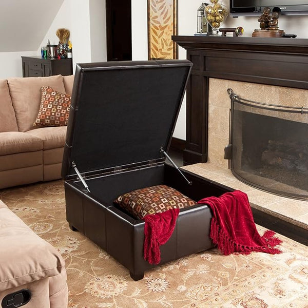 English Elm Richmond Tufted Faux Leather Storage Ottoman with Rosewood Legs for Living Rooms N767P360604E