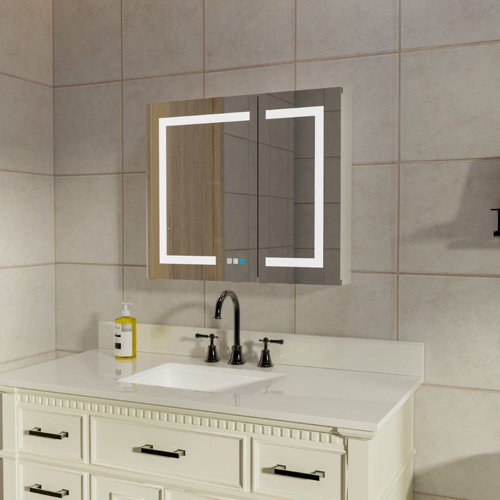 English Elm Led Lighted Medicine Cabinet with Defog Mirror Dimming Dual Outlets and Shelves W637P163684