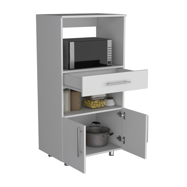 English Elm Worland White Pantry Cabinet with Microwave Stand, Drawer & Dual Doors — Compact Engineered Wood Organizer B200P173200