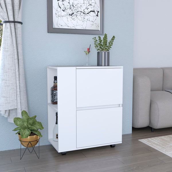 English Elm Glasgow Elegant White Bar Cart with Two Pull-Down Cabinets, Two Open Shelves, Swivel Wheels and Brake System B200P173174