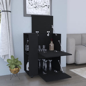 English Elm Glasgow Black Bar Cart with Two Pull-Down Cabinets, Two Open Shelves, Swivel Wheels & Brake System B200P173175