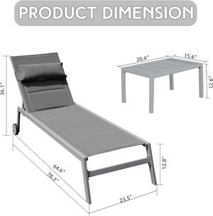 English Elm Outdoor Chaise Lounge Set Of 3 - Adjustable Aluminum Pool Chairs With Side Table & Wheels, Gray W1859P172270-GIGA