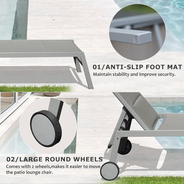 English Elm Outdoor Chaise Lounge Set Of 3 - Adjustable Aluminum Pool Chairs With Side Table & Wheels, Gray W1859P172270-GIGA