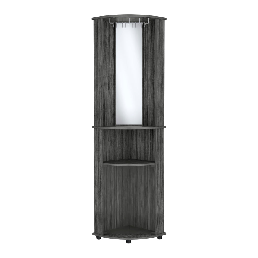 English Elm Chicago Corner Bar Cabinet with Glass Doors, Mirror Center, Wine Glass Rack & Two Open Shelves for Stylish Storage Brown 42.1 L x 24.8 W x 5.5 H B070P173192