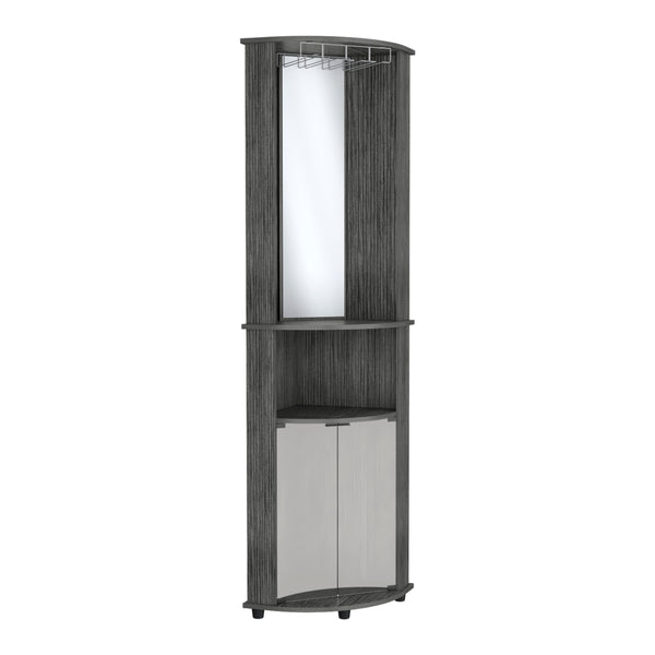 English Elm Chicago Corner Bar Cabinet with Glass Doors, Mirror Center & Stemware Rack for Stylish Entertaining Light Gray 42.1 L x 24.8 W x 5.5 H B200P173192