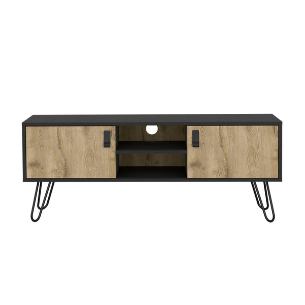English Elm Huna Dual-Tone TV Stand with Hairpin Legs, 47.6" Top, 2 Doors & Open Shelves, Cable Management B200P173203