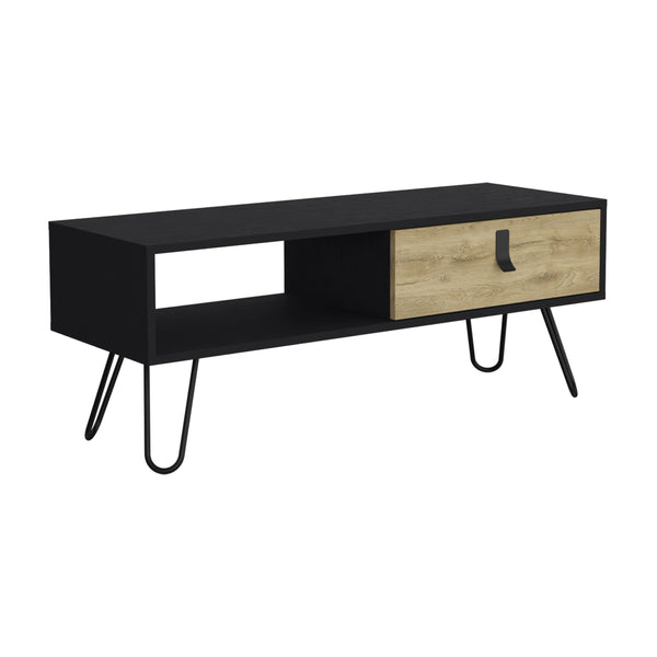 English Elm Huna Modern Coffee Table with Hairpin Legs, Dual-Tone Black/Macadamia, 40.9" Top & Large Drawer Storage B070P173213