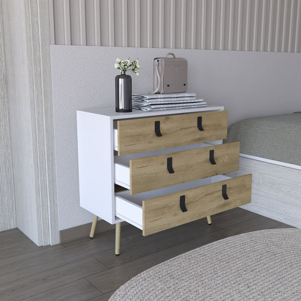 English Elm Huna Modern 3-Drawer Dresser with Sleek Metal Handles, Multicolor Engineered Wood, Elevated Legs B070P173204