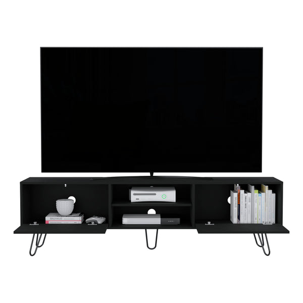 English Elm Vassel TV Stand with Hinged Drawers and Open Shelves, Mid-Century Hairpin Legs, 55" Capacity Black 75.1 L x 18.8 W x 4.7 H B070P173210