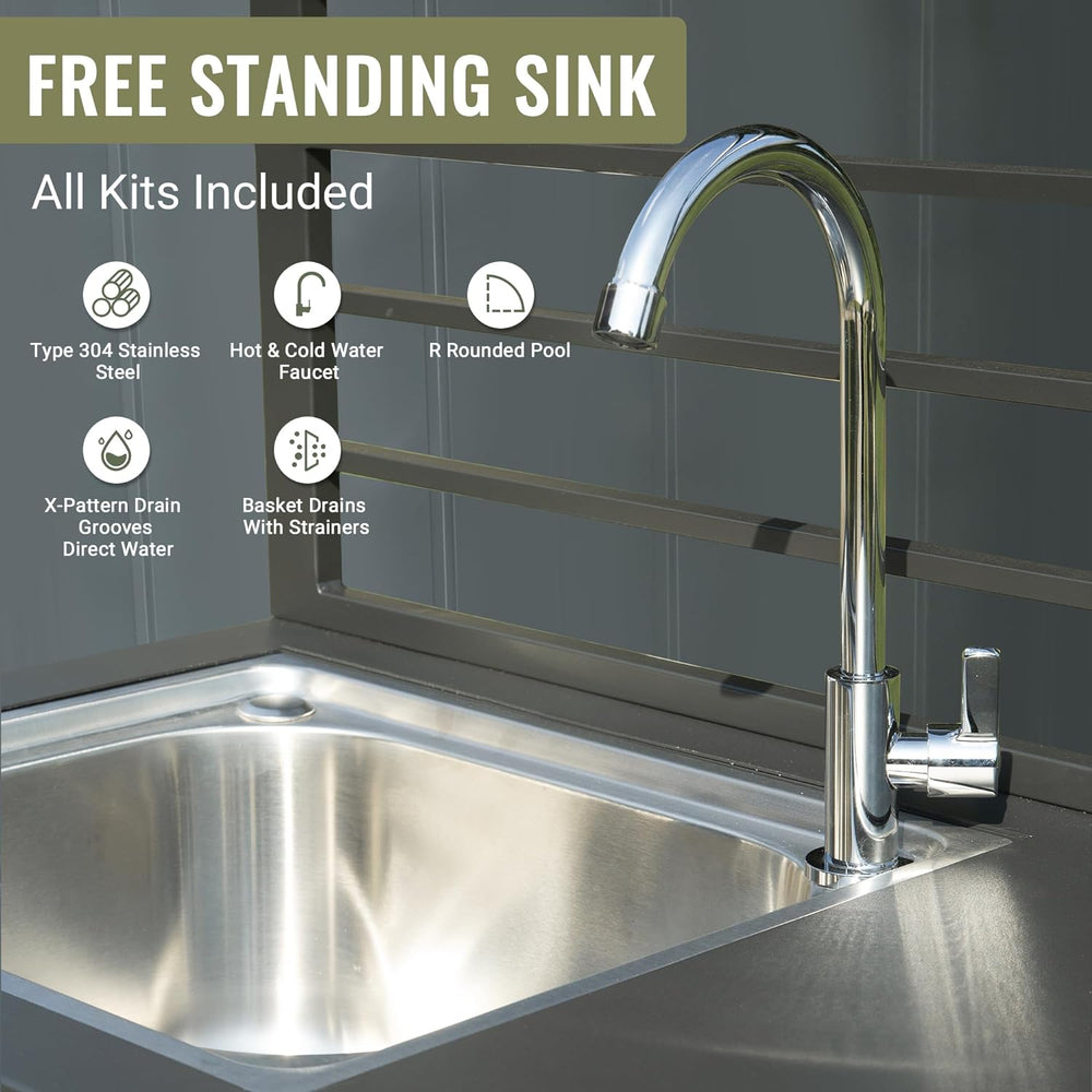 English Elm Outdoor Aluminum Kitchen Island with Sink & Faucet, Food-Safe Countertop, Shelves, Cover, Weatherproof W1859S00065