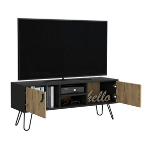 English Elm Huna Mid-Century TV Stand with Hairpin Legs, Dual-Tone Engineered Wood, 2 Doors & Open Shelves B070P173203