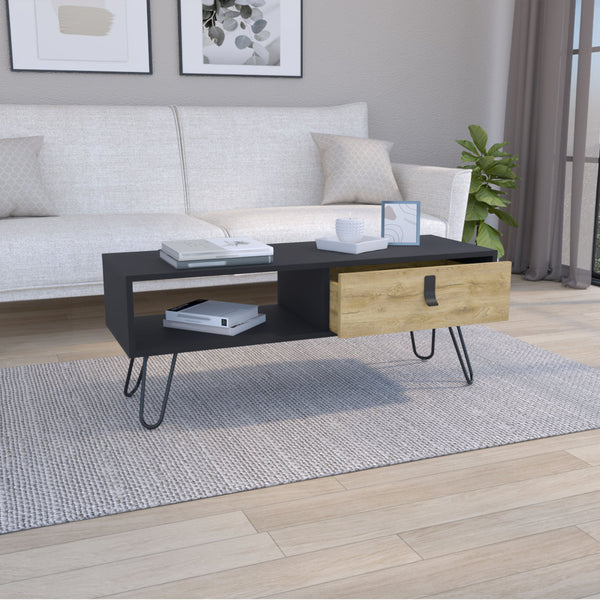 English Elm Huna Mid-Century Coffee Table 40.9" x 14.1" with Hairpin Legs, Dual-Tone Finish and Deep Drawer B200P173213