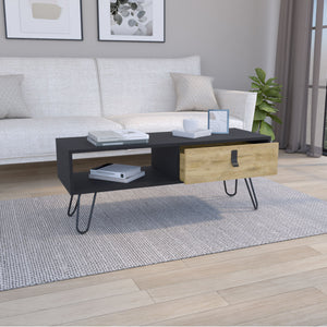 English Elm Huna Modern Coffee Table with Hairpin Legs, Dual-Tone Black/Macadamia, 40.9" Top & Large Drawer Storage B070P173213