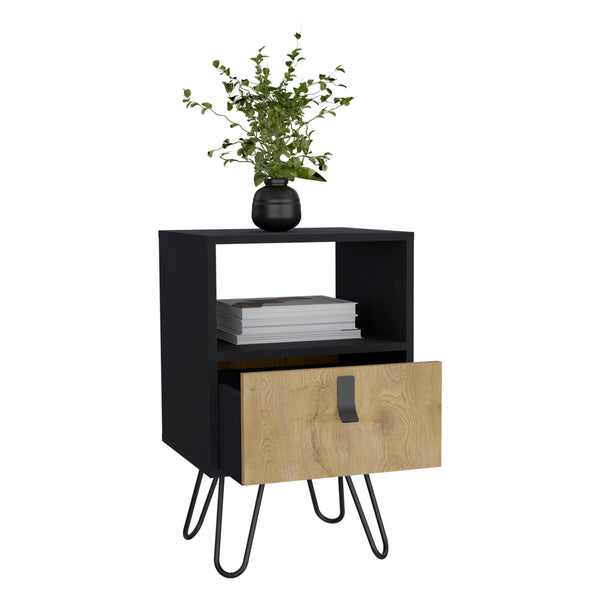 English Elm Huna Multicolor Nightstand with Hairpin Legs, Open Shelf & Spacious Drawer for Bedroom Storage B200P173218