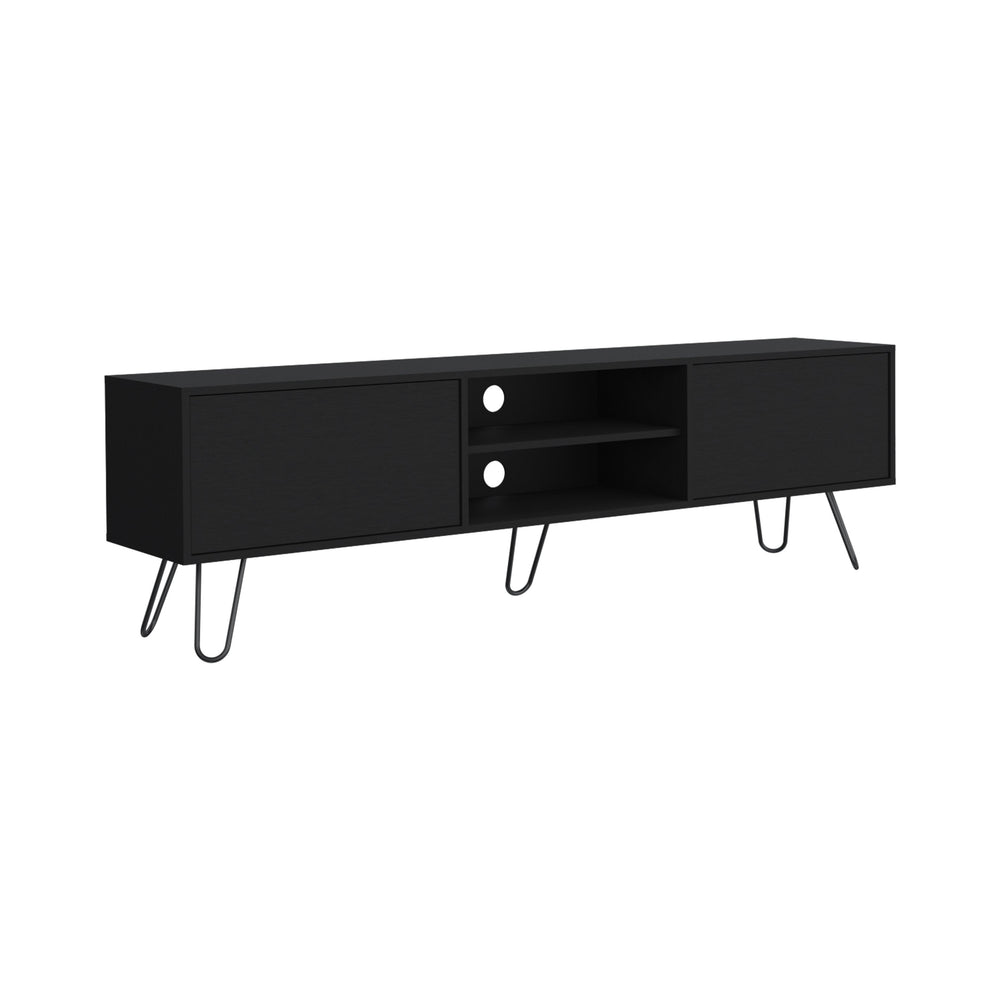 English Elm Vassel TV Stand with Hinged Drawers and Open Shelves, Mid-Century Hairpin Legs, 55" Capacity Black 75.1 L x 18.8 W x 4.7 H B070P173210