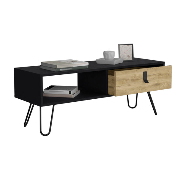 English Elm Huna Modern Coffee Table with Hairpin Legs, Dual-Tone Black/Macadamia, 40.9" Top & Large Drawer Storage B070P173213