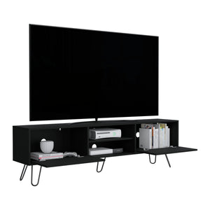 English Elm Vassel Mid-Century TV Console with Hinged Storage Drawers, Open Shelves & Stable Hairpin Legs Black 75.1 L x 18.8 W x 4.7 H B200P173210