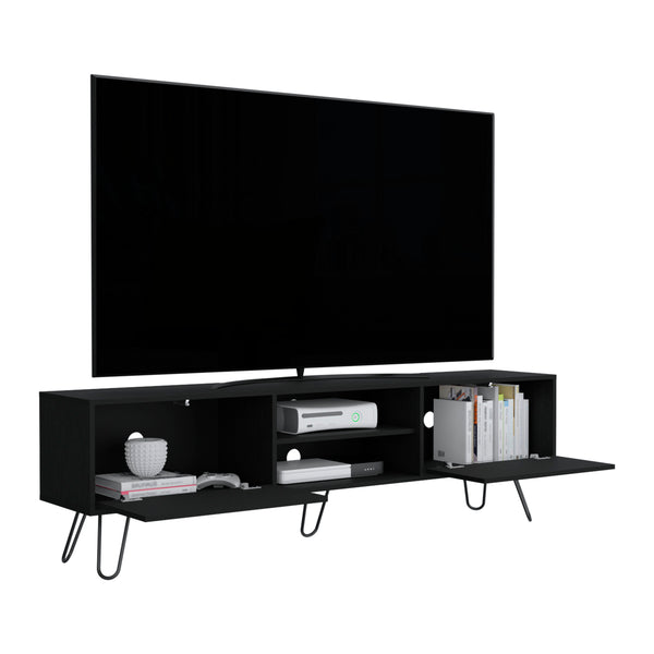 English Elm Vassel Mid-Century TV Console with Hinged Storage Drawers, Open Shelves & Stable Hairpin Legs Black 75.1 L x 18.8 W x 4.7 H B200P173210
