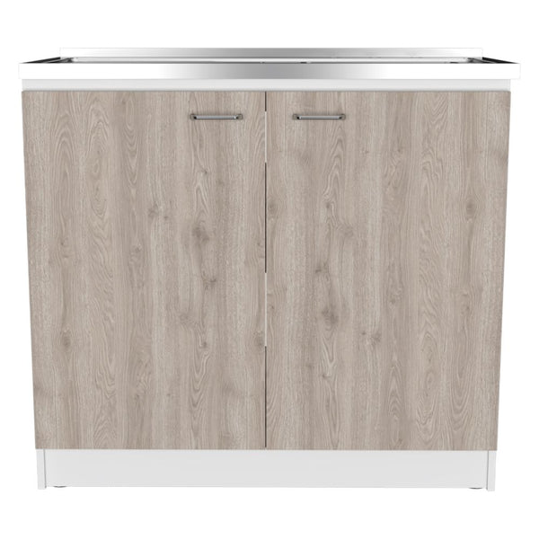 English Elm Napoles Stylish Utility Sink Cabinet With Double Doors, Adjustable Shelf - Smokey Oak & Light Gray Finish B070S00145
