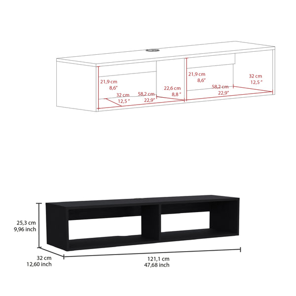 English Elm Rockwood Wall-Mount Floating TV Stand in Black with Dual Open Shelves, Cable Management, 47.6" B200P173212