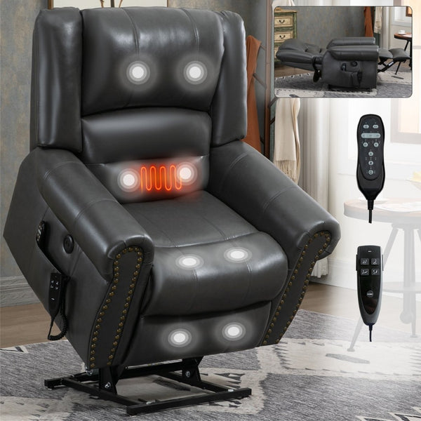 English Elm Power Lift Recliner with Dual Motor Heat Massage Faux Leather Chair for Living Room W1803S00014