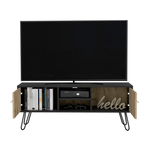 English Elm Huna Mid-Century TV Stand with Hairpin Legs, Dual-Tone Engineered Wood, 2 Doors & Open Shelves B070P173203