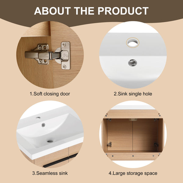 English Elm Levistar 30-Inch Oak Bathroom Vanity With Resin Sink - Modern Storage Cabinet For Small Spaces W1972P165043