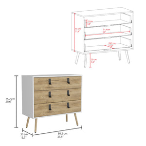 English Elm Huna Modern 3-Drawer Dresser with Metal Handles, Multicolor Engineered Wood, Elevated 31.5" Top Surface B200P173204