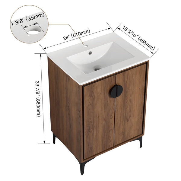 English Elm 24'' Modern Brown Bathroom Vanity with Drop-In Ceramic Sink, Engineered Wood, Soft-Close Doors, Ample Storage W1972S00001