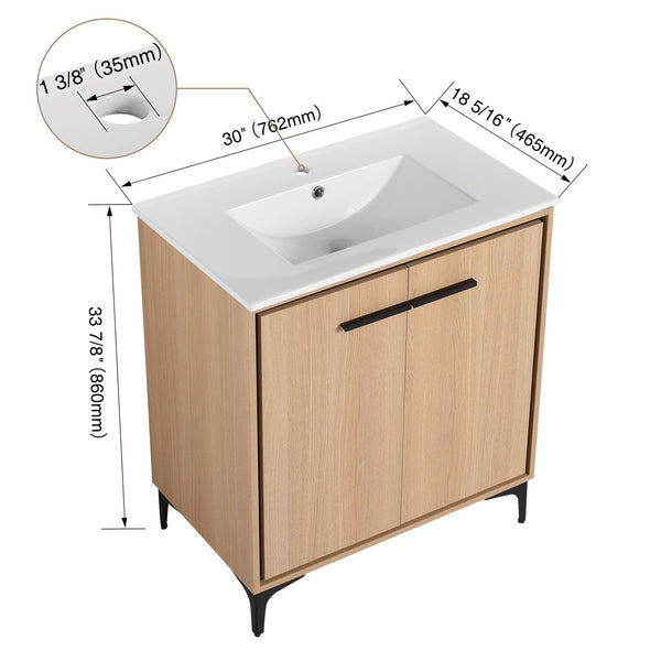 English Elm 30 Inch Oak Bathroom Vanity Base with Basin, Engineered Wood Double-Door Cabinet, Modern Storage W1972S00004