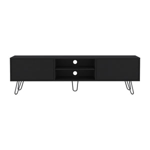 English Elm Vassel Mid-Century TV Console with Hinged Storage Drawers, Open Shelves & Stable Hairpin Legs Black 75.1 L x 18.8 W x 4.7 H B200P173210