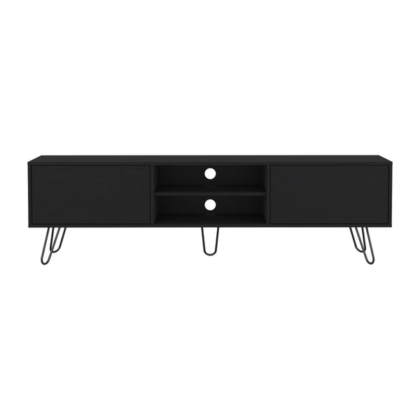 English Elm Vassel Mid-Century TV Console with Hinged Storage Drawers, Open Shelves & Stable Hairpin Legs Black 75.1 L x 18.8 W x 4.7 H B200P173210