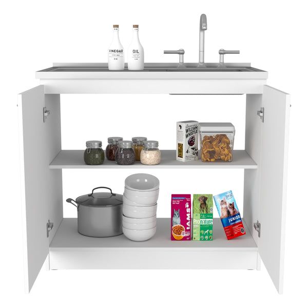 English Elm Napoles Utility Sink With Double Door Cabinet & Shelf - Modern White Finish For Home Organization B070S00144