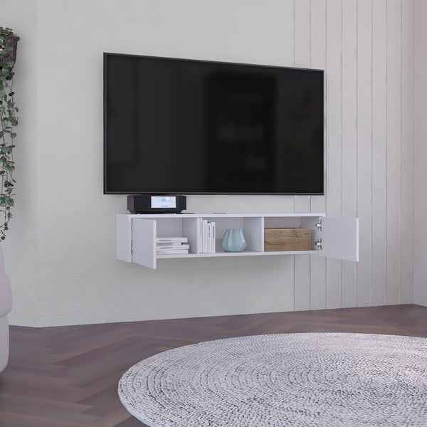 English Elm Glen Floating TV Stand White – Wall-Mounted Engineered Wood with Side Doors, Central Shelf & Cable Management B200P173205