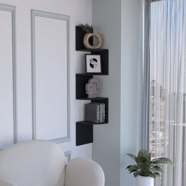 English Elm Rosset Modern Corner Wall Shelf System in Black — Full-Wall Floating Engineered Wood, 4 Tiers B200P173206