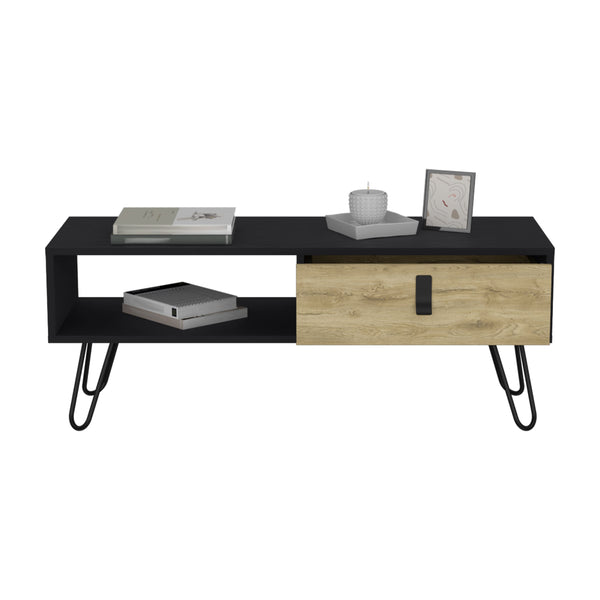 English Elm Huna Modern Coffee Table with Hairpin Legs, Dual-Tone Black/Macadamia, 40.9" Top & Large Drawer Storage B070P173213