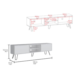 English Elm Vassel TV Stand with Hinged Drawers and Open Shelves, Mid-Century Hairpin Legs, 55" Capacity White 75.5 L x 18.8 W x 4.7 H B070P173211
