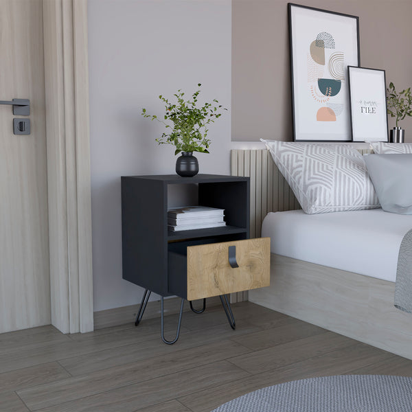 English Elm Huna Multicolor Nightstand with Hairpin Legs, Open Shelf & Spacious Drawer for Bedroom Storage B200P173218