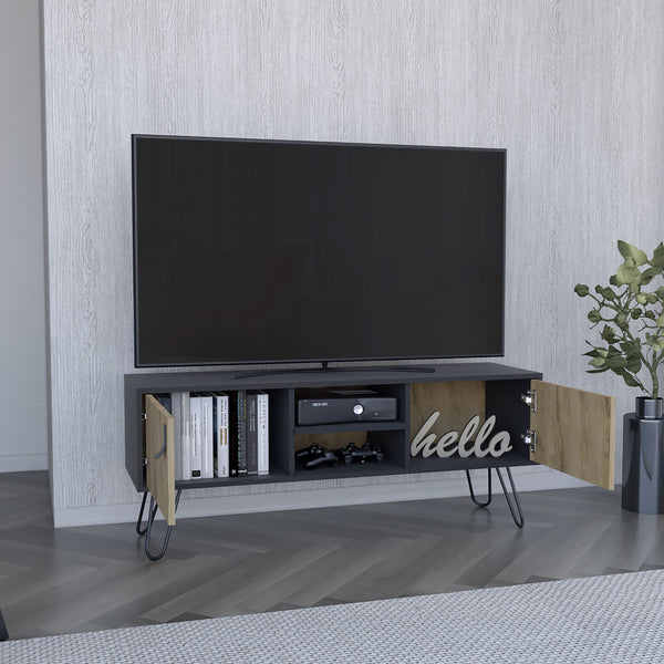 English Elm Huna Dual-Tone TV Stand with Hairpin Legs, 47.6" Top, 2 Doors & Open Shelves, Cable Management B200P173203