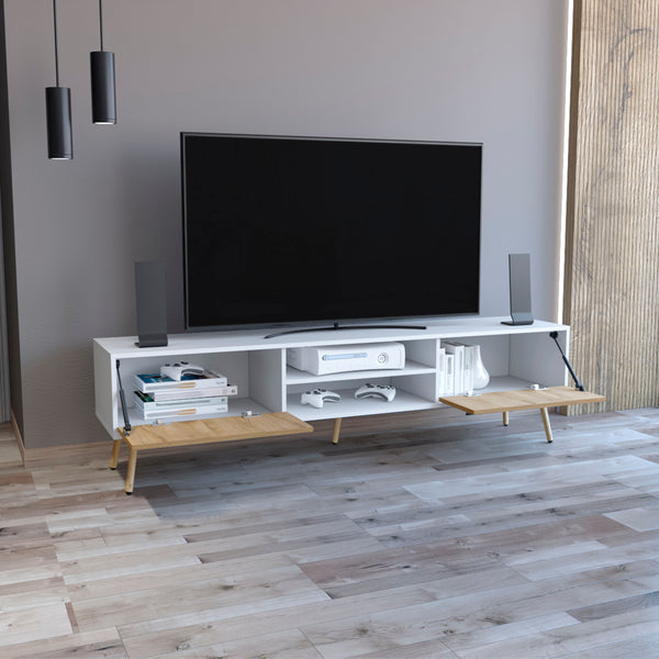 English Elm Huna Modern Dual-Tone TV Stand with Hinged Drawers, Open Shelves, Cable Management, 70.9" Top B200P173202
