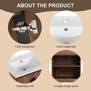 English Elm 24'' Modern Brown Bathroom Vanity with Drop-In Ceramic Sink, Engineered Wood, Soft-Close Doors, Ample Storage W1972S00001