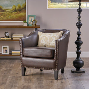English Elm Christopher Knight Home® - Brown Bonded Leather Club Chair with Plush Cushions, Studded Accents & Dark Birch Legs for Comfort and Style 61283.00PUBRN