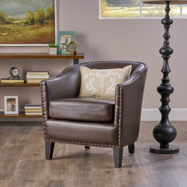 English Elm Christopher Knight Home® - Brown Bonded Leather Club Chair with Plush Cushions, Studded Accents & Dark Birch Legs for Comfort and Style 61283.00PUBRN