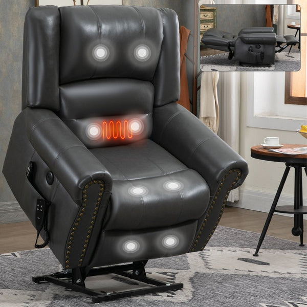English Elm Power Lift Recliner with Dual Motor Heat Massage Faux Leather Chair for Living Room W1803S00014