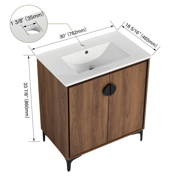 English Elm 30 LEVISTAR Bathroom Vanity with Drop-In Ceramic Sink, 2-Door Engineered Wood Cabinet, Brown, 30" W1972S00002
