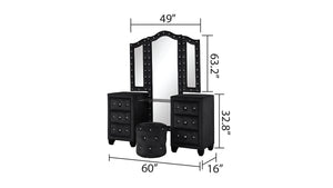English Elm Modern Sophia 6-Drawer Vanity Set Black with Crystal Handles, Velvet Stool & Mirror — Glam Storage and Style 808857735959