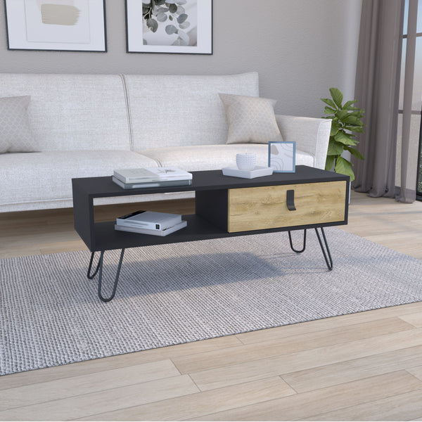English Elm Huna Mid-Century Coffee Table 40.9" x 14.1" with Hairpin Legs, Dual-Tone Finish and Deep Drawer B200P173213